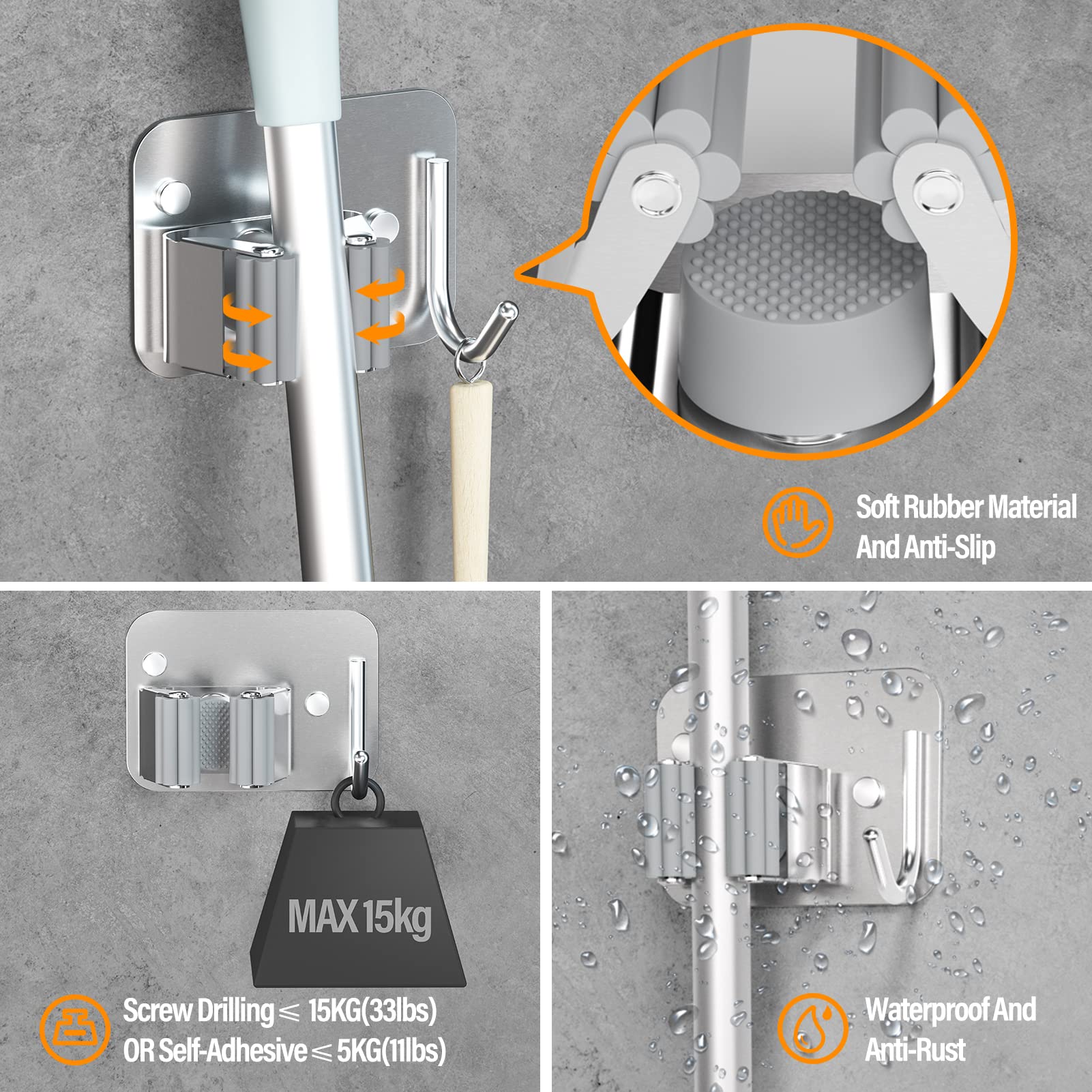 HASTHIP 2 Pcs Mop Broom Holder Wall Mount, Adhesive Heavy Duty SUS304 Stainless Steel Mop and Broom Holder with Hook, for Mops up to 2.8 cm in Diameter (8 * 6.5 * 4 cm) HASTHIP 2 Pcs Mop Broom Holder Wall Mount, Adhesive Heavy Duty SUS304 Stainless Steel Mop and Broom Holder with Hook, for Mops up to 2.8 cm in Diameter (8 * 6.5 * 4 cm)